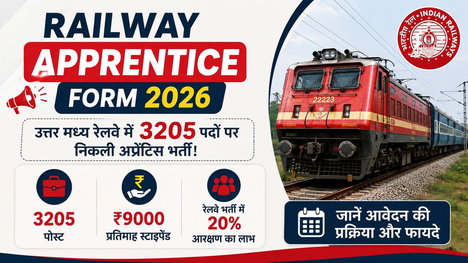 Railway Apprentice Form 2026: उत्तर मध्य रेलवे में 3205 पदों पर निकली अप्रेंटिस भर्ती, जानें आवेदन की प्रक्रिया और फायदे