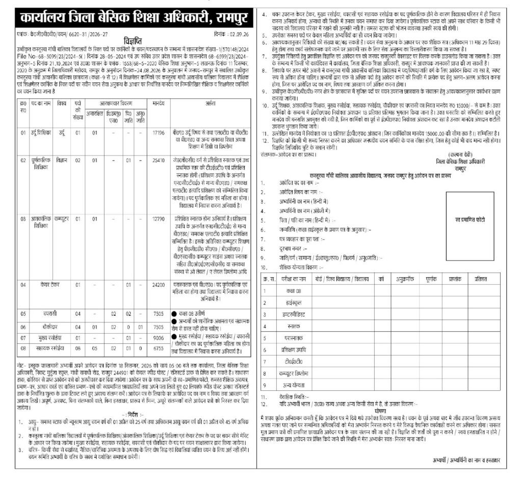 Kgbv apply 2026: कस्तूरबा गांधी बालिका विद्यालयों में शिक्षक और चपरासी बनने का मौका, 18 सितंबर तक करें आवेदन