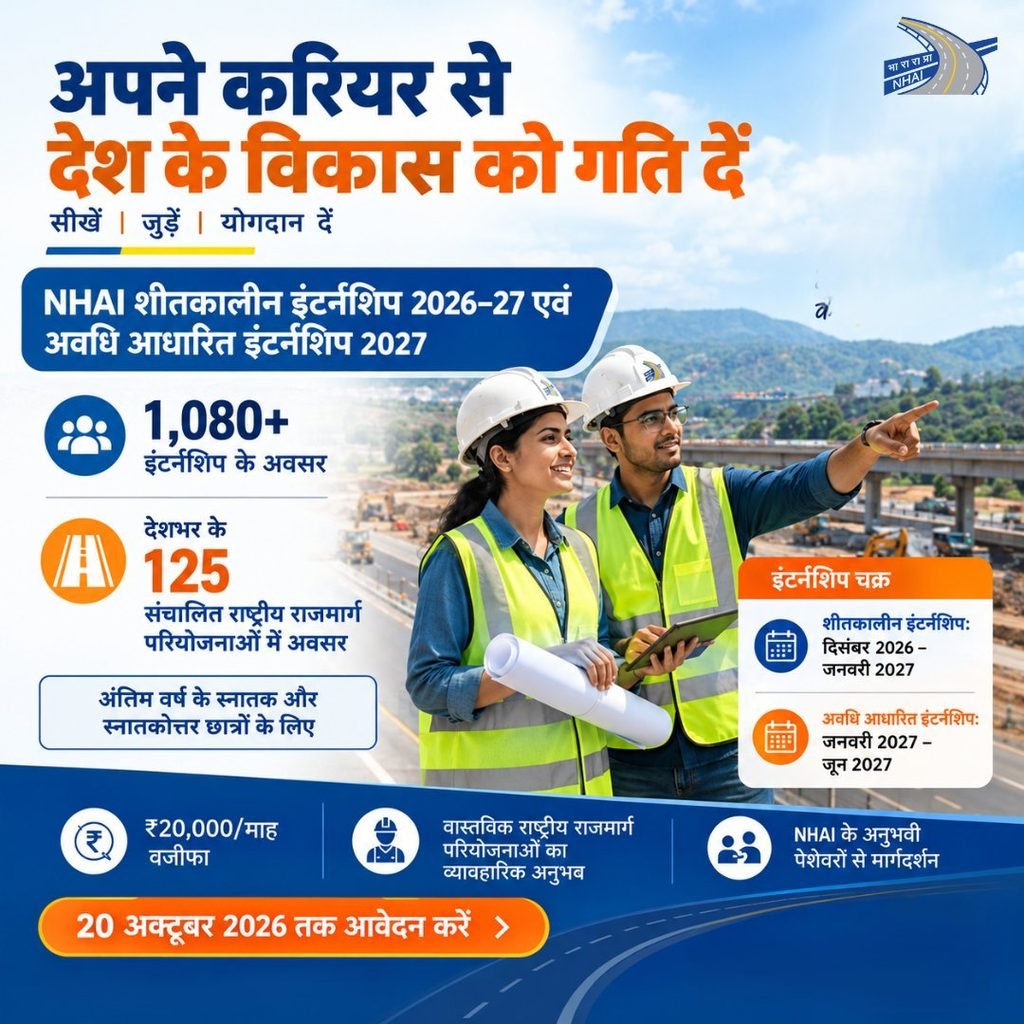 Nhai internship 2026: 125 हाईवे प्रोजेक्ट्स पर काम करने का शानदार मौका, ₹20,000 स्टाइपेंड के साथ 1,080 से ज्यादा पदों पर निकली इंटर्नशिप Nhai internship 2026: 125 हाईवे प्रोजेक्ट्स पर काम करने का शानदार मौका, ₹20,000 स्टाइपेंड के साथ 1,080 से ज्यादा पदों पर निकली इंटर्नशिप