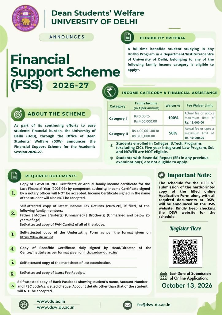 Delhi university financial support scheme 2026–27: get up to 100% fee waiver; check eligibility, income slab & how to apply Delhi university financial support scheme 2026–27: get up to 100% fee waiver; check eligibility, income slab & how to apply