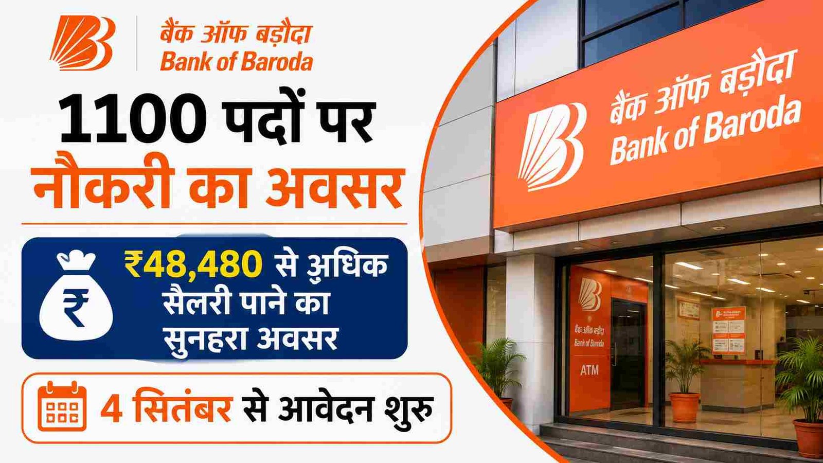बैंक ऑफ बड़ौदा में 1100 पदों पर नौकरी का अवसर, ₹48,480 से अधिक सैलरी पाने का सुनहरा अवसर